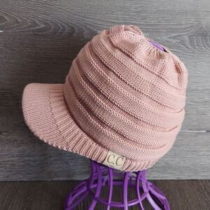 C.C Warm & Thick Cable Knitted Brim Visor Ponytail Beanie Cap